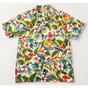 RJC Hawaiian Aloha Shirt Mens L Tropical Parrot Print Cotton Made in Hawaii